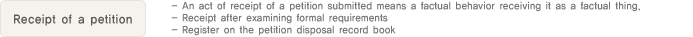 3. Receipt of a petition
                  - An act of receipt of a petition submitted means a factual behavior receiving it as a factual thing.
                  - Receipt after examining formal requirements
                  - Register on the petition disposal record book