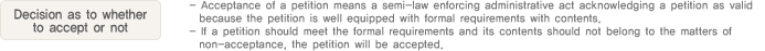 5. Decision as to whether to accept or not
                  - Acceptance of a petition means a semi-law enforcing administrative act acknowledging a petition as valid because the petition is well equipped with formal requirements with contents.
                  - If a petition should meet the formal requirements and its contents should not belong to the matters of non-acceptance, the petition will be accepted.